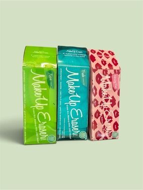 (3)MakeUp Eraser Reusable Makeup Remover Cloths - Green, Teal, Pink Lip Print NI
